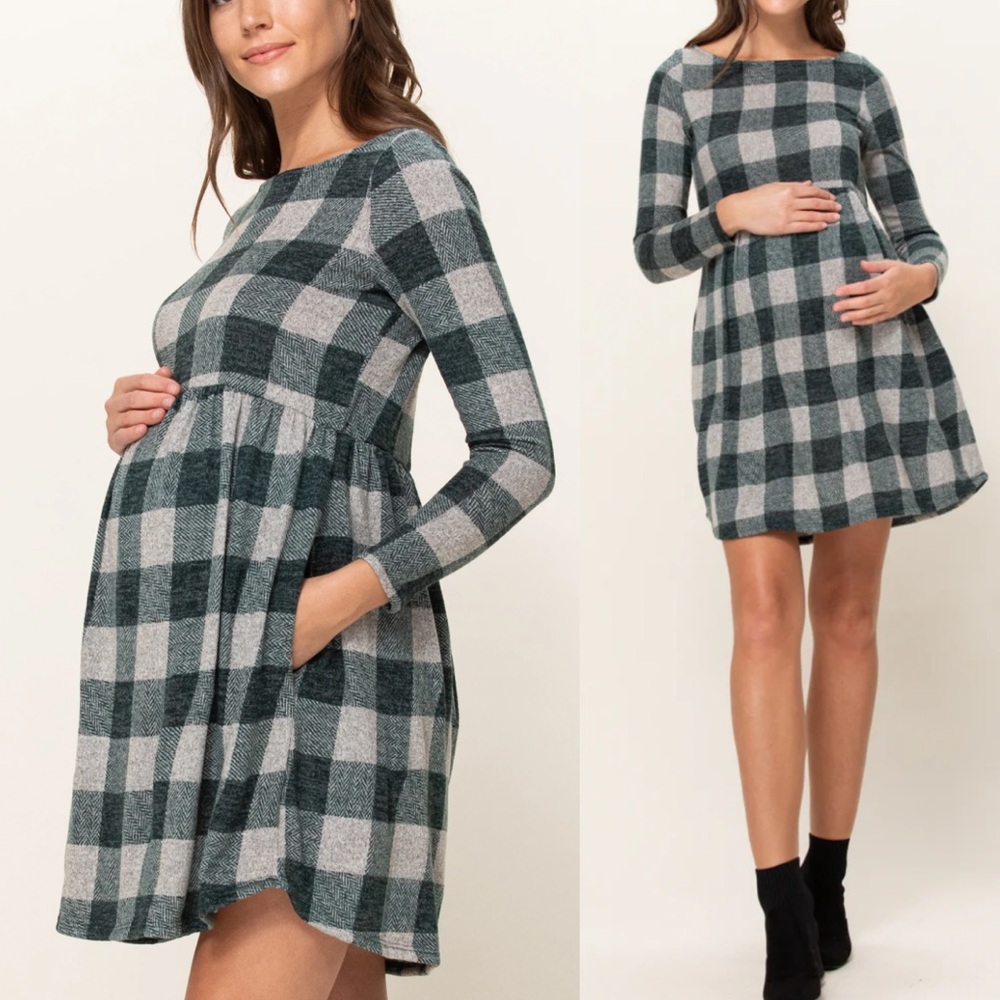 Hello Miz Maternity green flannel plaid long sleeve pocket dress size medium
